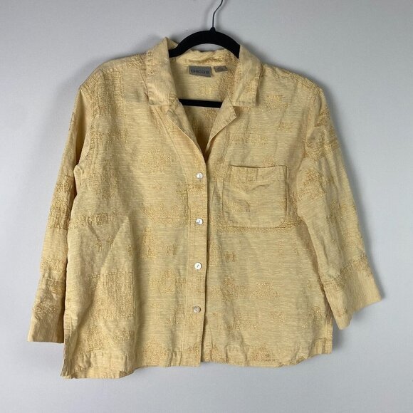 Chicos Silk Linen Embroidered Button Up Shirt Womens 1 US M Yellow Boxy 3/4 Slv - Picture 1 of 10